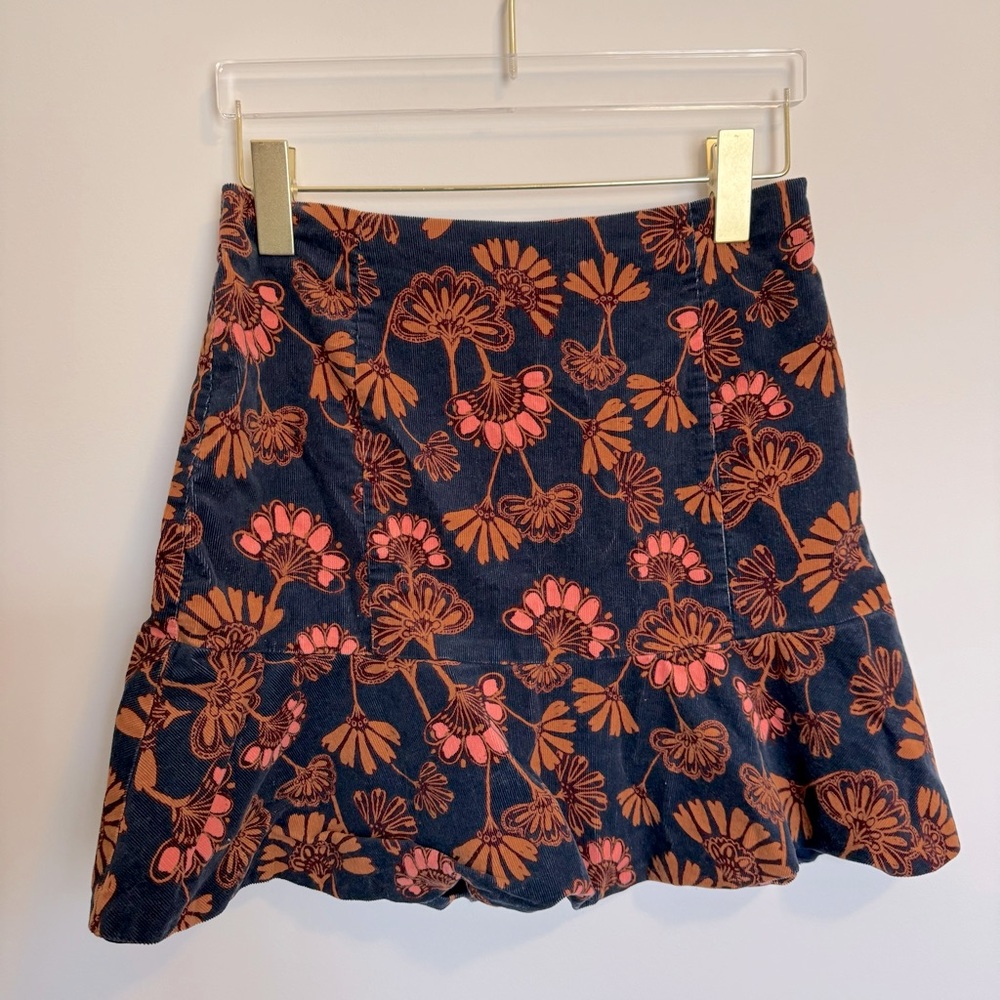 Free People Corduroy Navy Blue and Orange Print Flounce Hem Mini Skirt